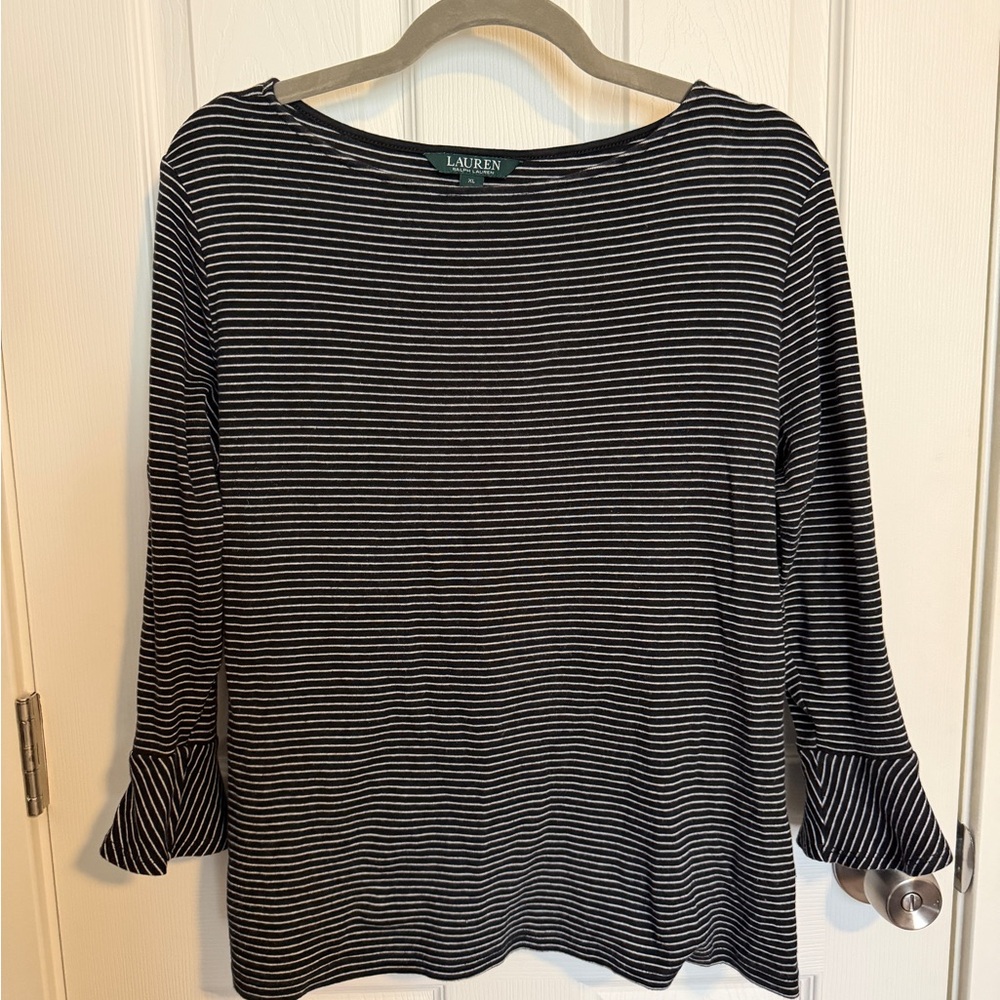 Lauren Ralph Lauren Navy White Striped Bell Sleeve Top Size XL Preppy Classic - Picture 2 of 6